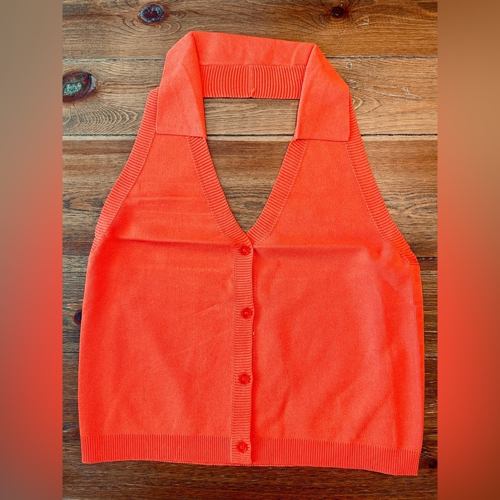 525 | Rue Sophie Rib Sweater | Halter Polo | Sleeveless | Papaya | Women’s L